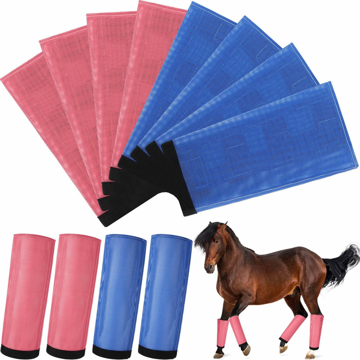 Bulyoou Set of 8 Mesh Fly Boots for Horse Breathable Adjustable Orange Purple