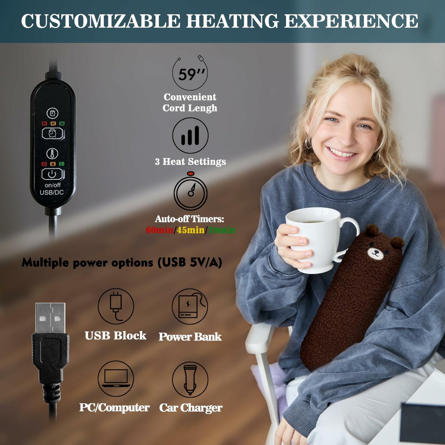 Crimmy USB Blue Bear Heating Pad for Period Cramps Pain Relief Car Travel