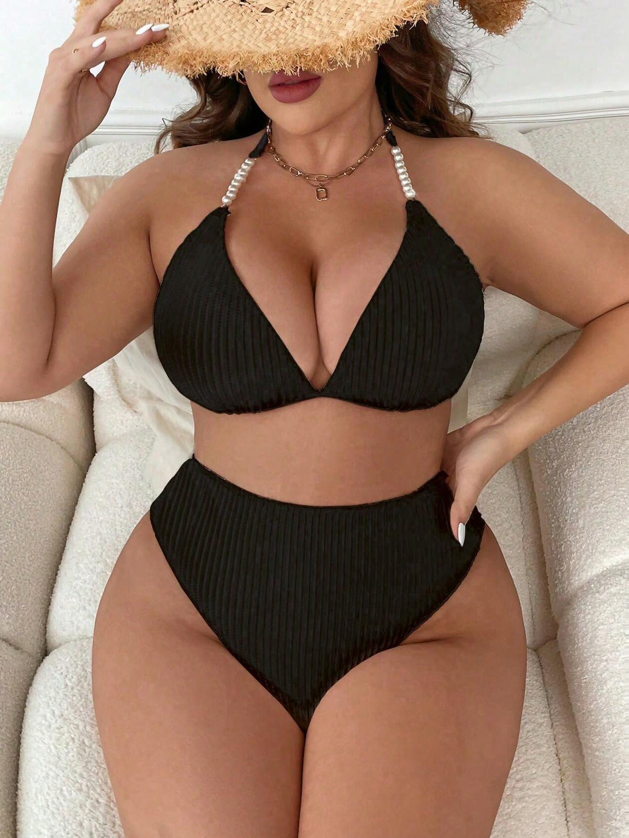 MakeMeChic Women's Plus Size 2PC Halter Triangle Bikini High Waist Black Size L