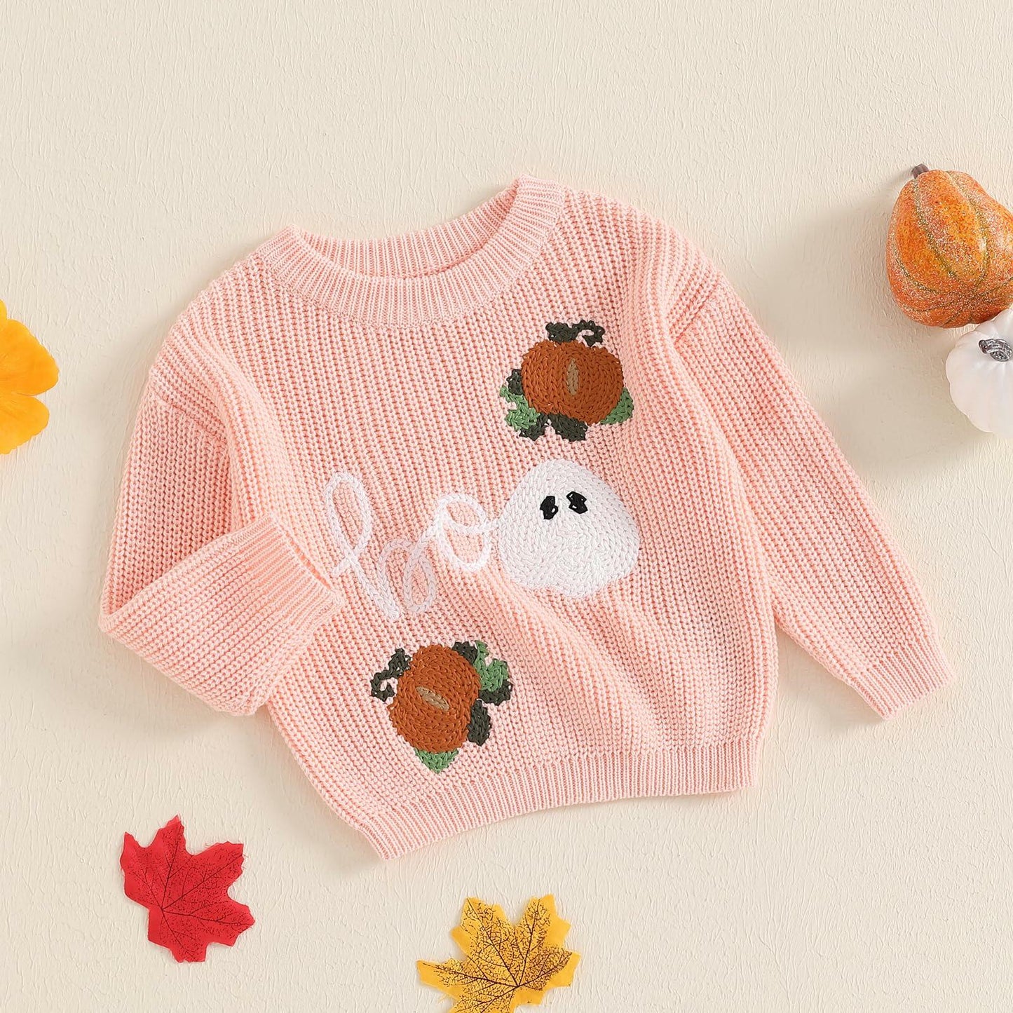 Adobabirl Baby Halloween Sweater Pumpkin Embroidery Knit Pullover Pink Size 6-9M
