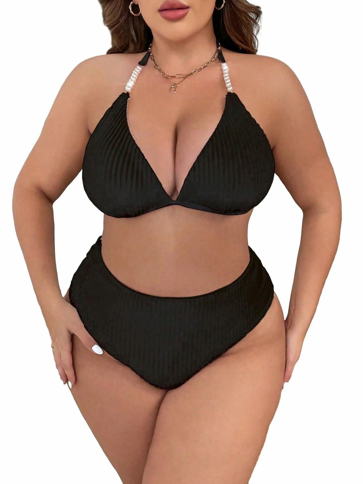 MakeMeChic Women's Plus Size 2PC Halter Triangle Bikini High Waist Black Size L