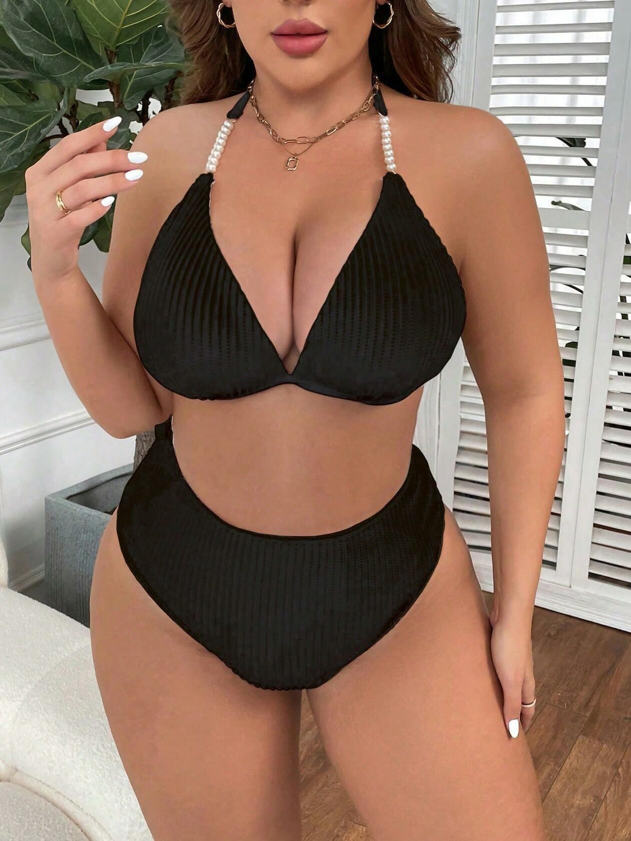 MakeMeChic Women's Plus Size 2PC Halter Triangle Bikini High Waist Black Size L