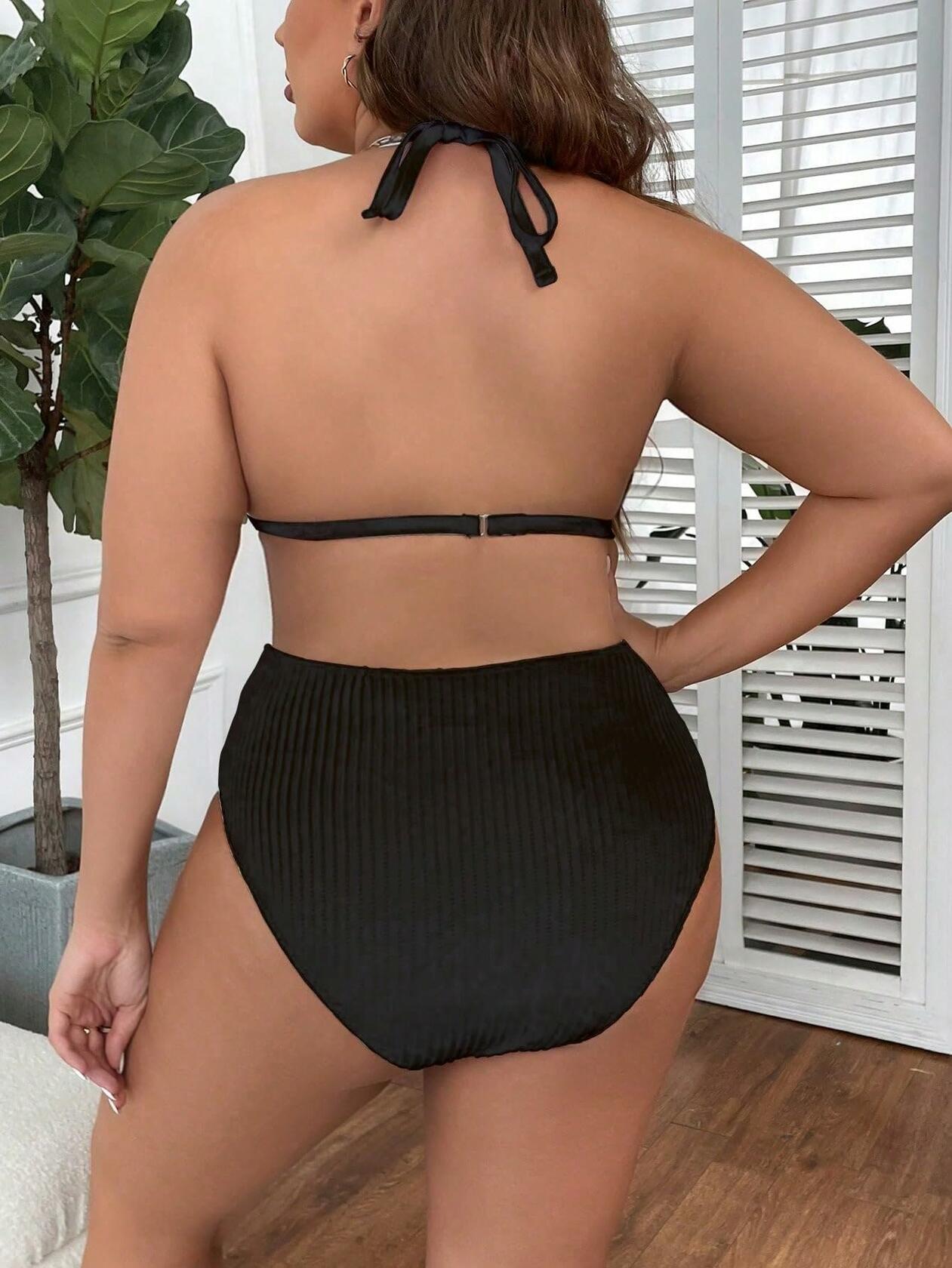 MakeMeChic Women's Plus Size 2PC Halter Triangle Bikini High Waist Black Size L