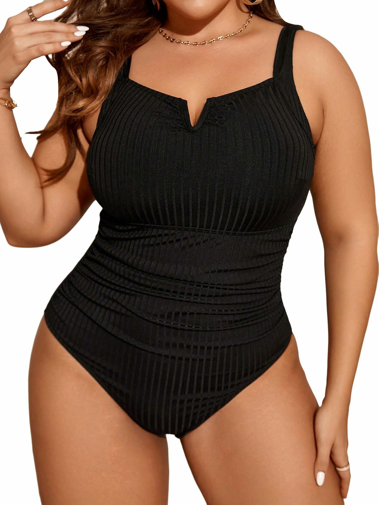 WDIRARA Plus Size Ribbed Knit One Piece Swimsuit Women’s Notched Neck 1XL Black