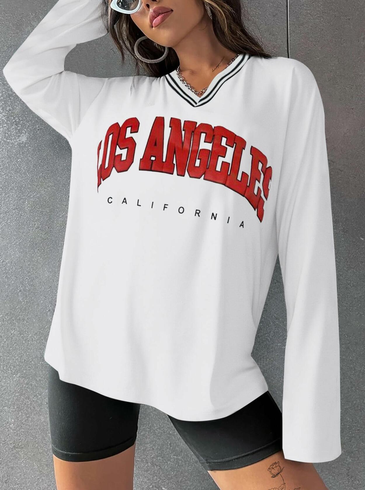 Hilinker Women's Oversized Graphic V Neck Long Sleeve Tee White Red Size L