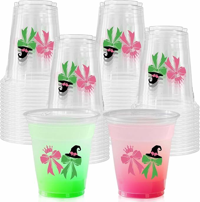 CIEOVO 50 Pack Witch Theme Party Cups 12oz Green Pink Disposable Plastic