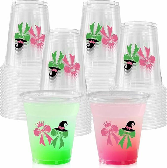 CIEOVO 50 Pack Witch Theme Party Cups 12oz Green Pink Disposable Plastic