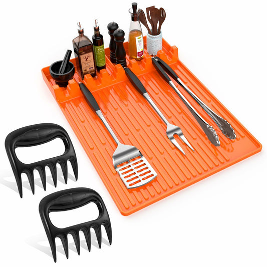 Glesalw Silicone Griddle Tool Mat & Meat Shredder Claws BBQ Set Orange