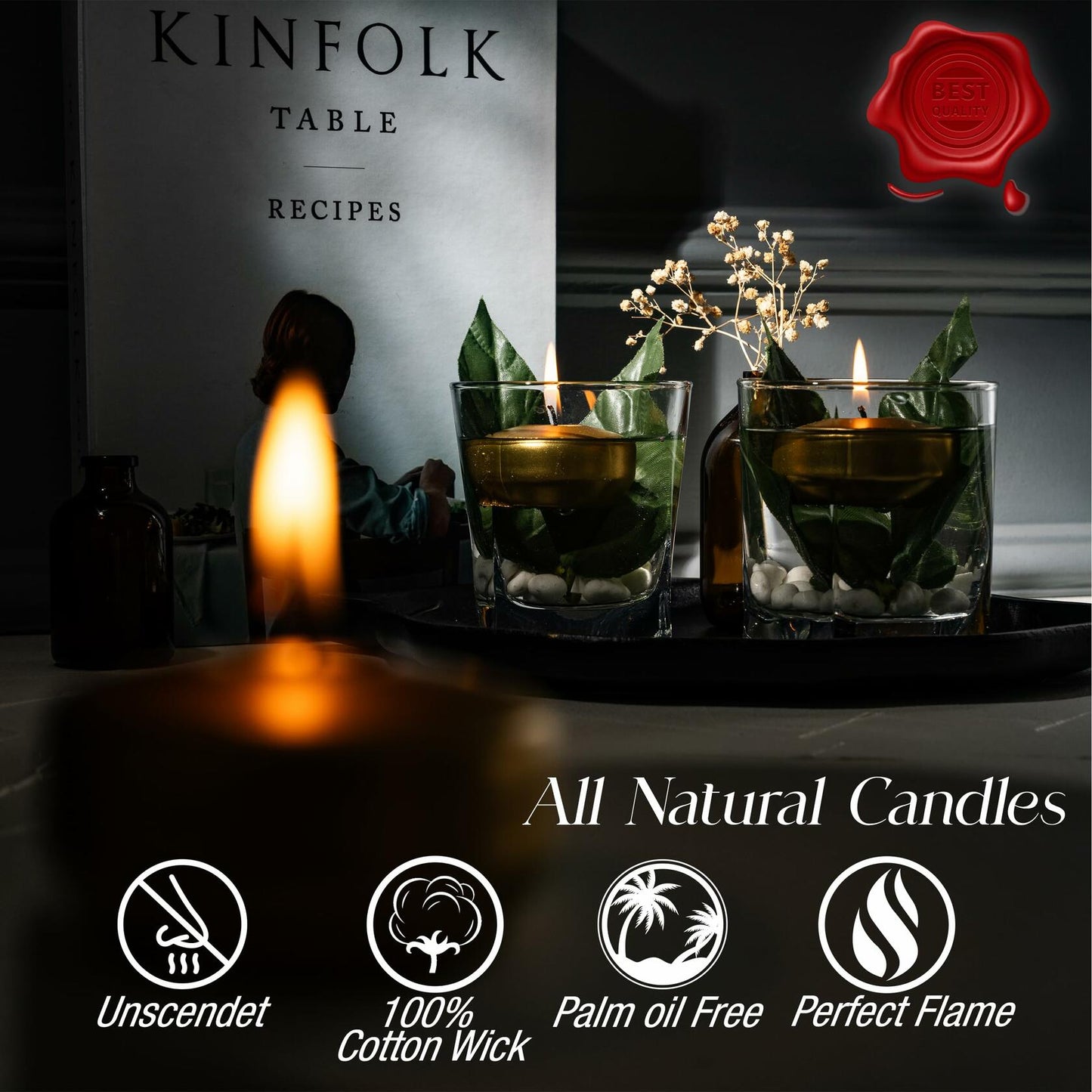 SECEL Floating Candles 2 Inch Paraffin Wax Cotton Wick Dripless 24 Pack