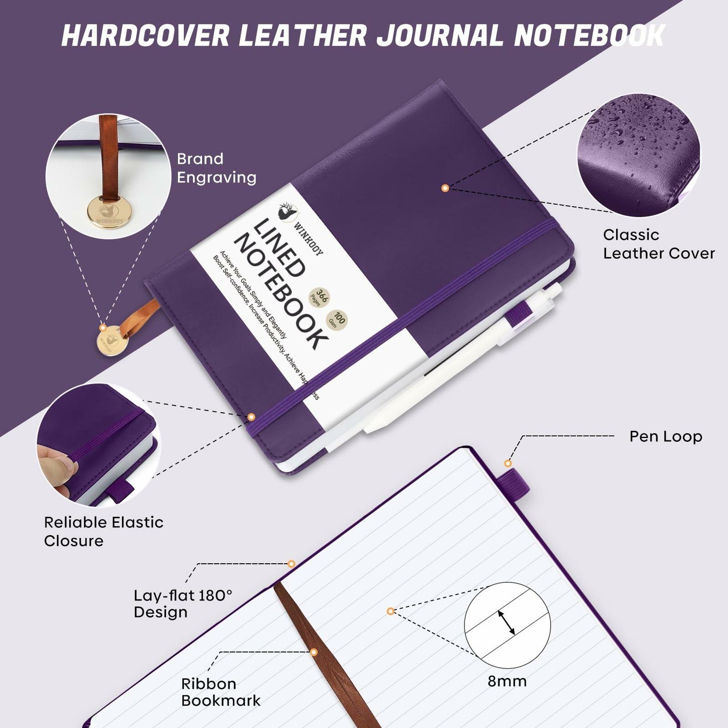 Winkooy Leather Hardcover Lined Journal Notebook A5 366 Pages Pen Loop