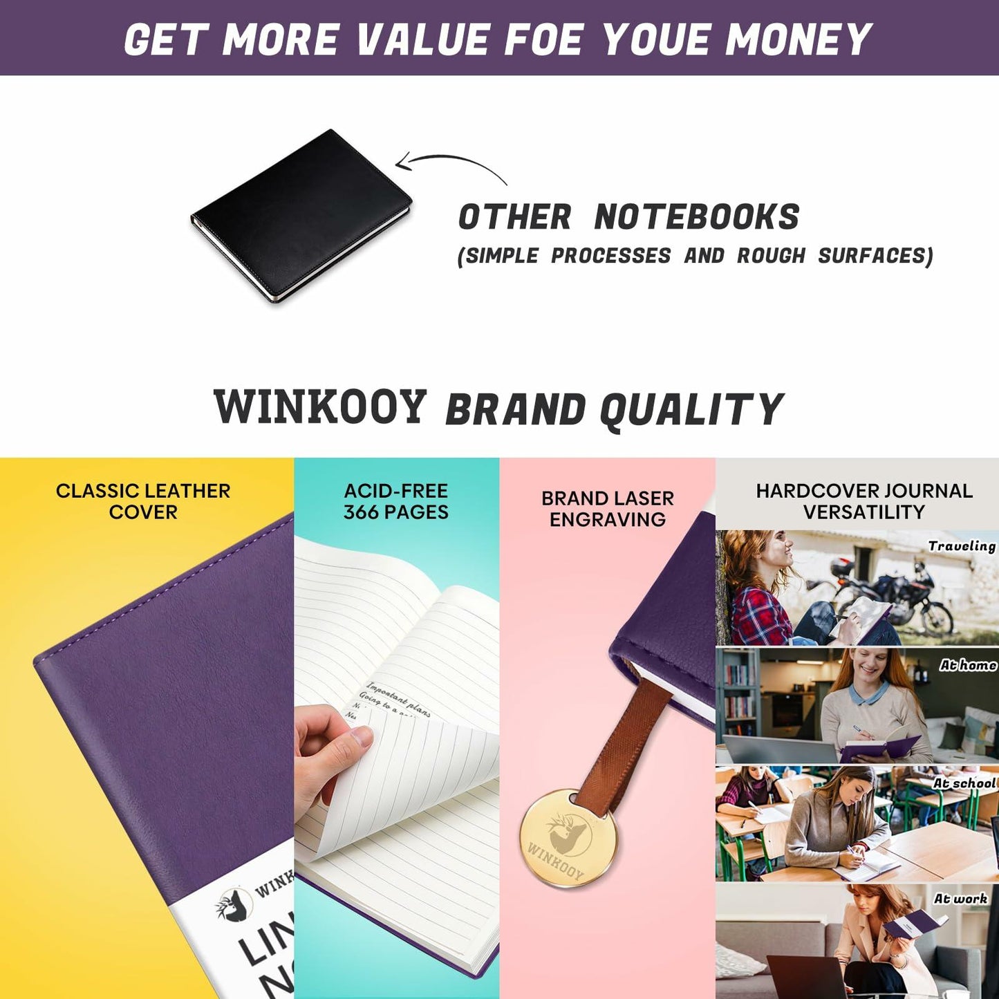 Winkooy Leather Hardcover Lined Journal Notebook A5 366 Pages Pen Loop