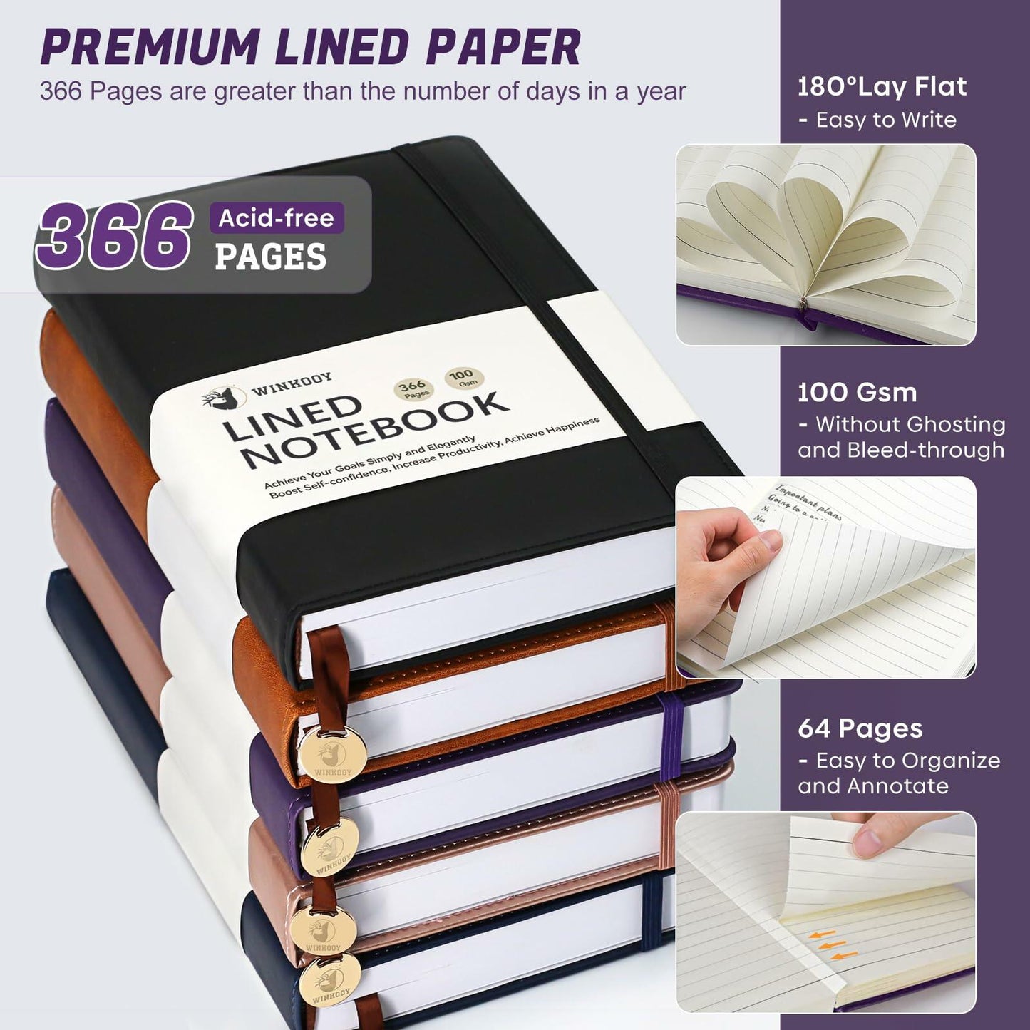 Winkooy Leather Hardcover Lined Journal Notebook A5 366 Pages Pen Loop