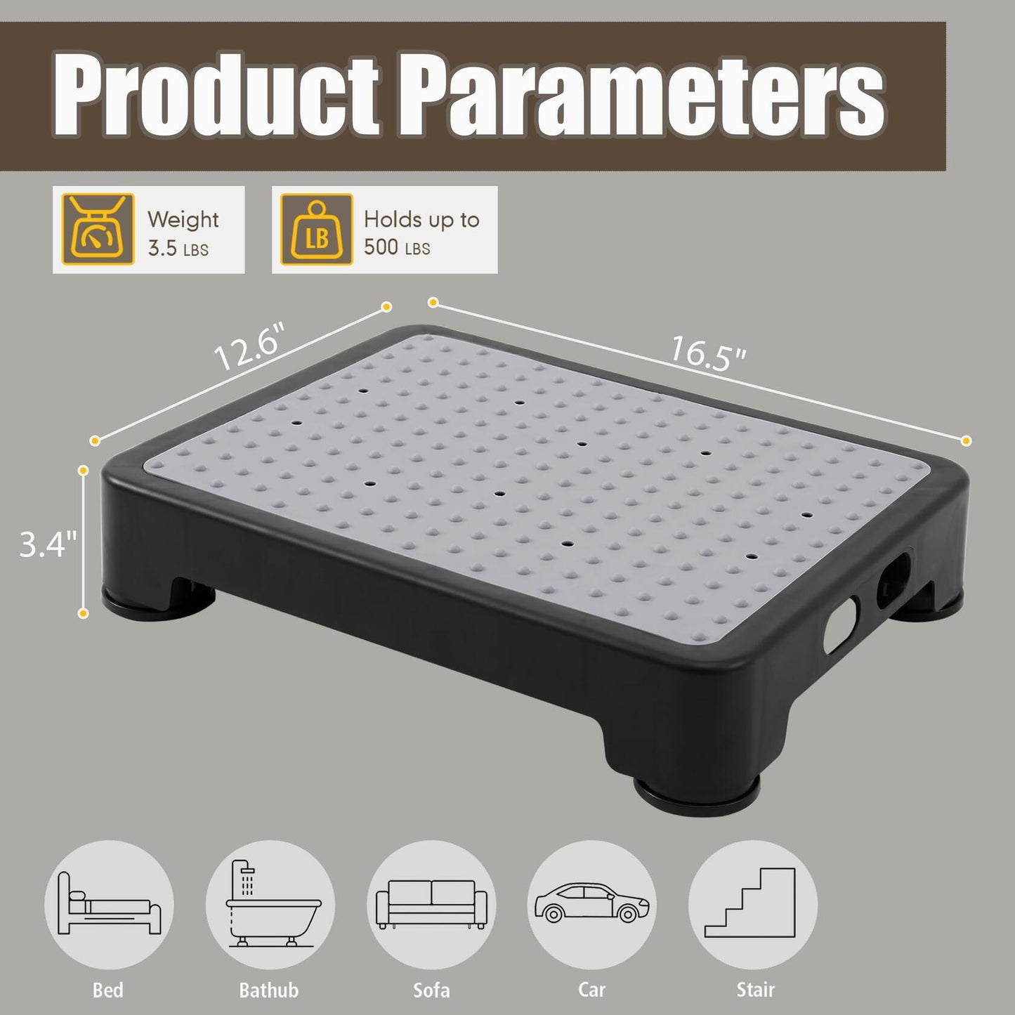 CHIKILLA Step Stool Non-Slip Portable Indoor Outdoor Black-Gray 3.4In