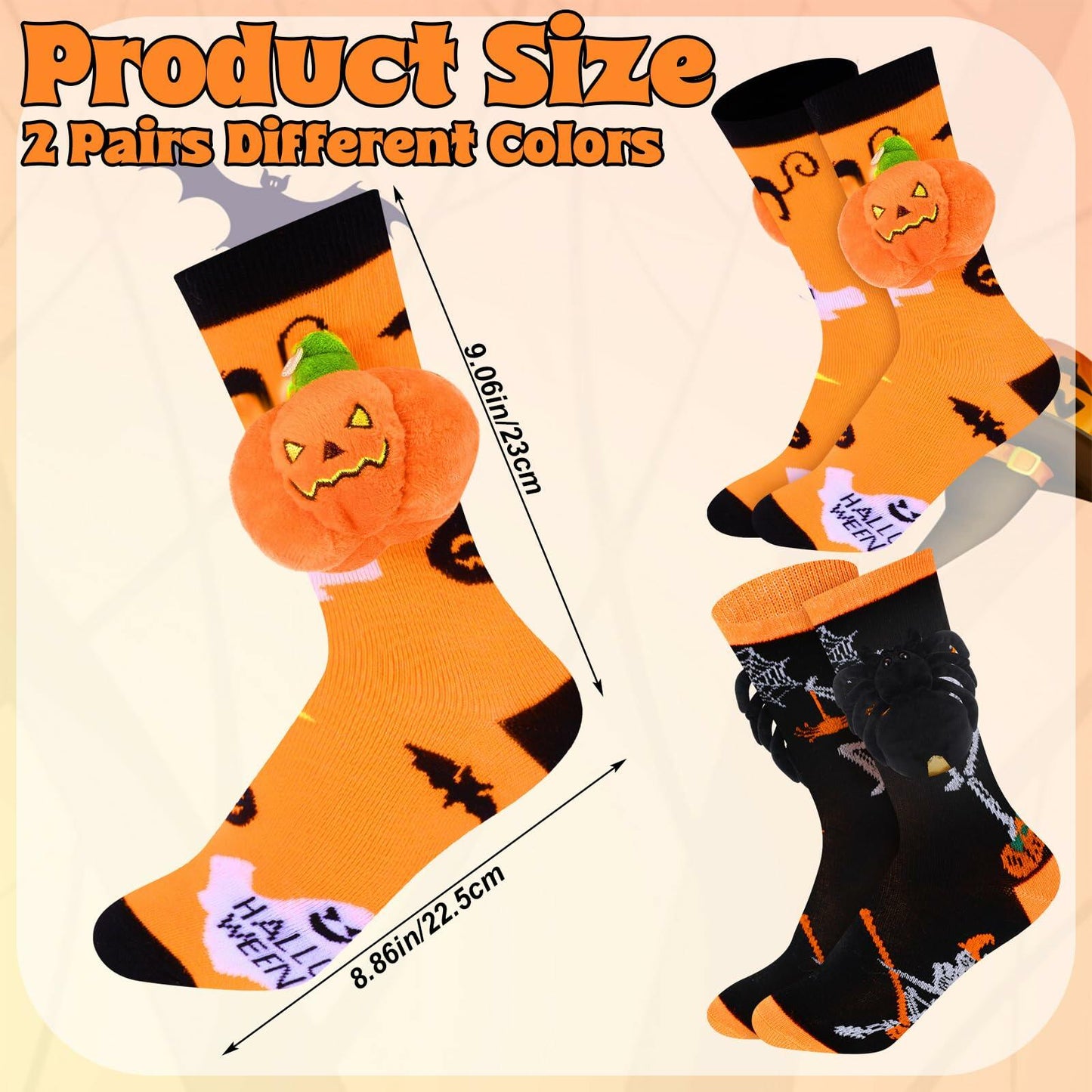 ShinyMatch Halloween 3D Pumpkin Spider Crew Socks 2 Pairs One Size  Multicolor