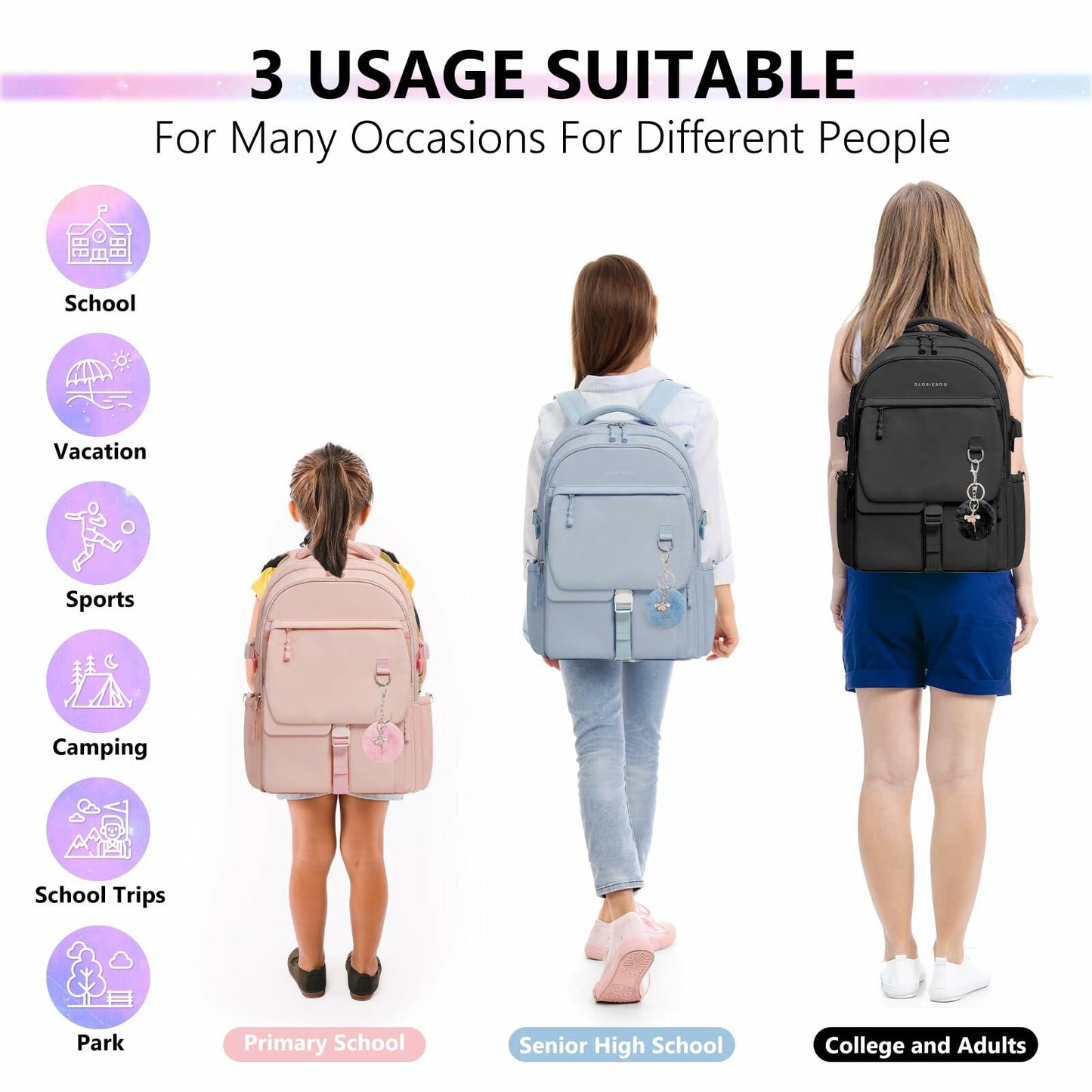 GLORIEROO Kids Backpack Girls 15.6" Laptop Compartment Beige White