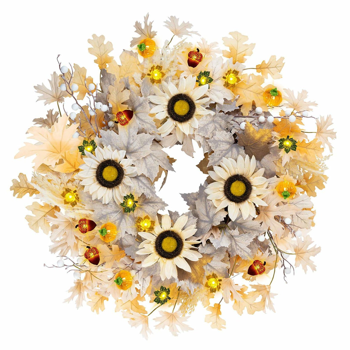 Chiyinbao 26" Realistic Fall Wreath with Lights Sunflower Leaves Yellow 26IN