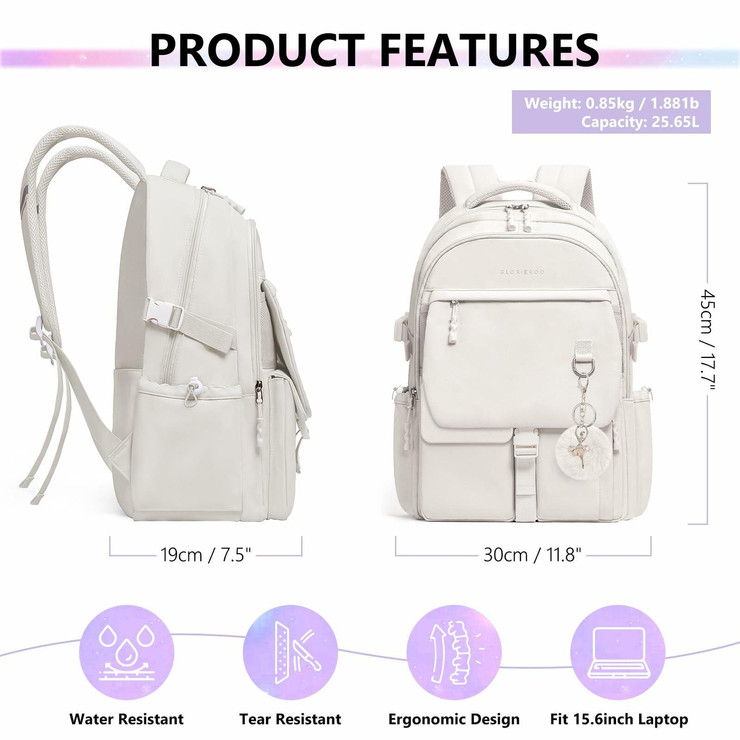 GLORIEROO Kids Backpack Girls 15.6" Laptop Compartment Beige White