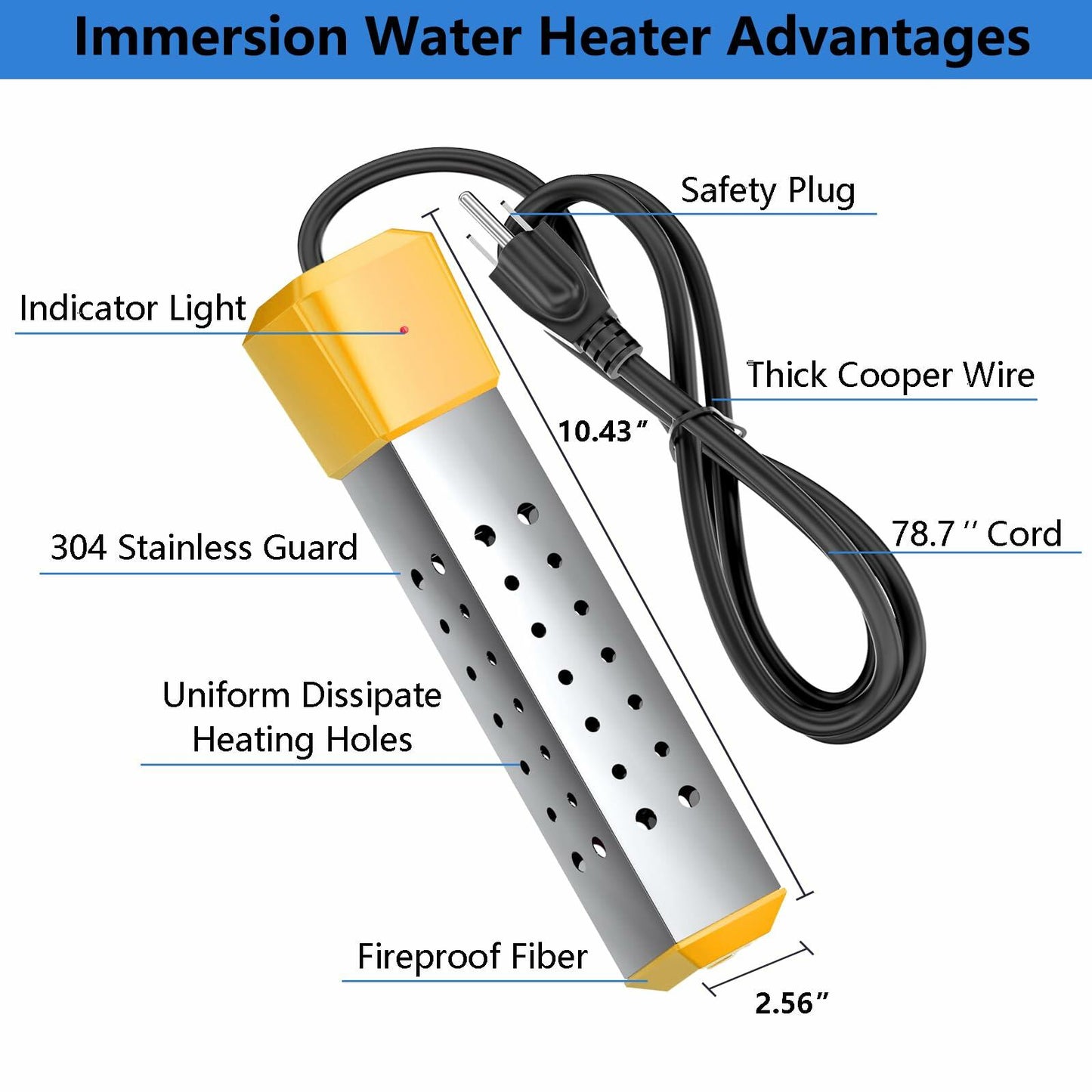 LIANG DREAM 2000W Immersion Water Heater Portable Yellow Stainless Steel