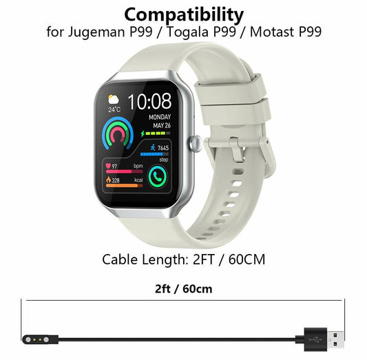 Msvueioe Jugeman P99 Smart Watch Charger USB Magnetic Cable 2FT 2 Pack Black