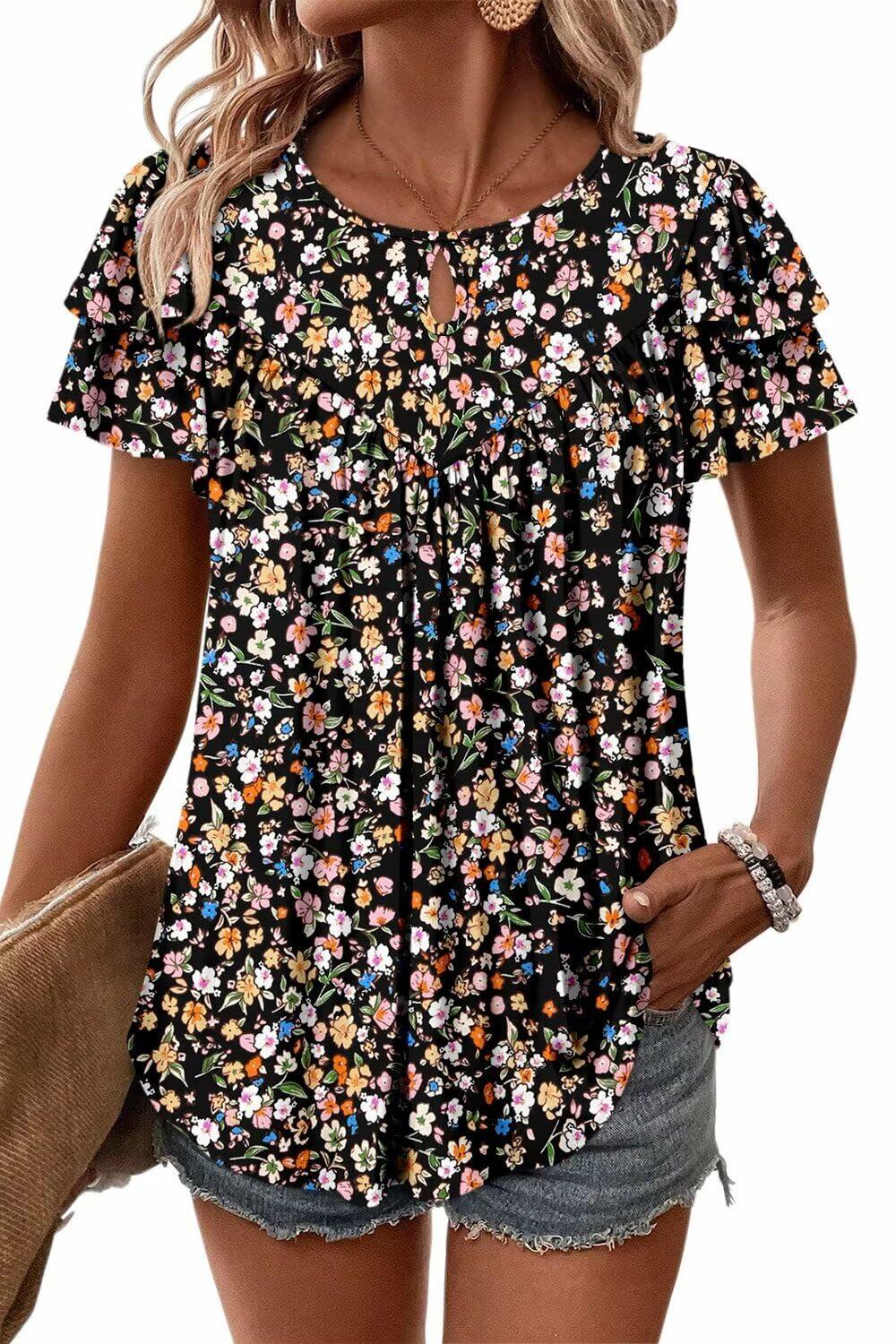 Angerella Ladies Black Floral Bohemian Crew Neck Tee Shirt XL