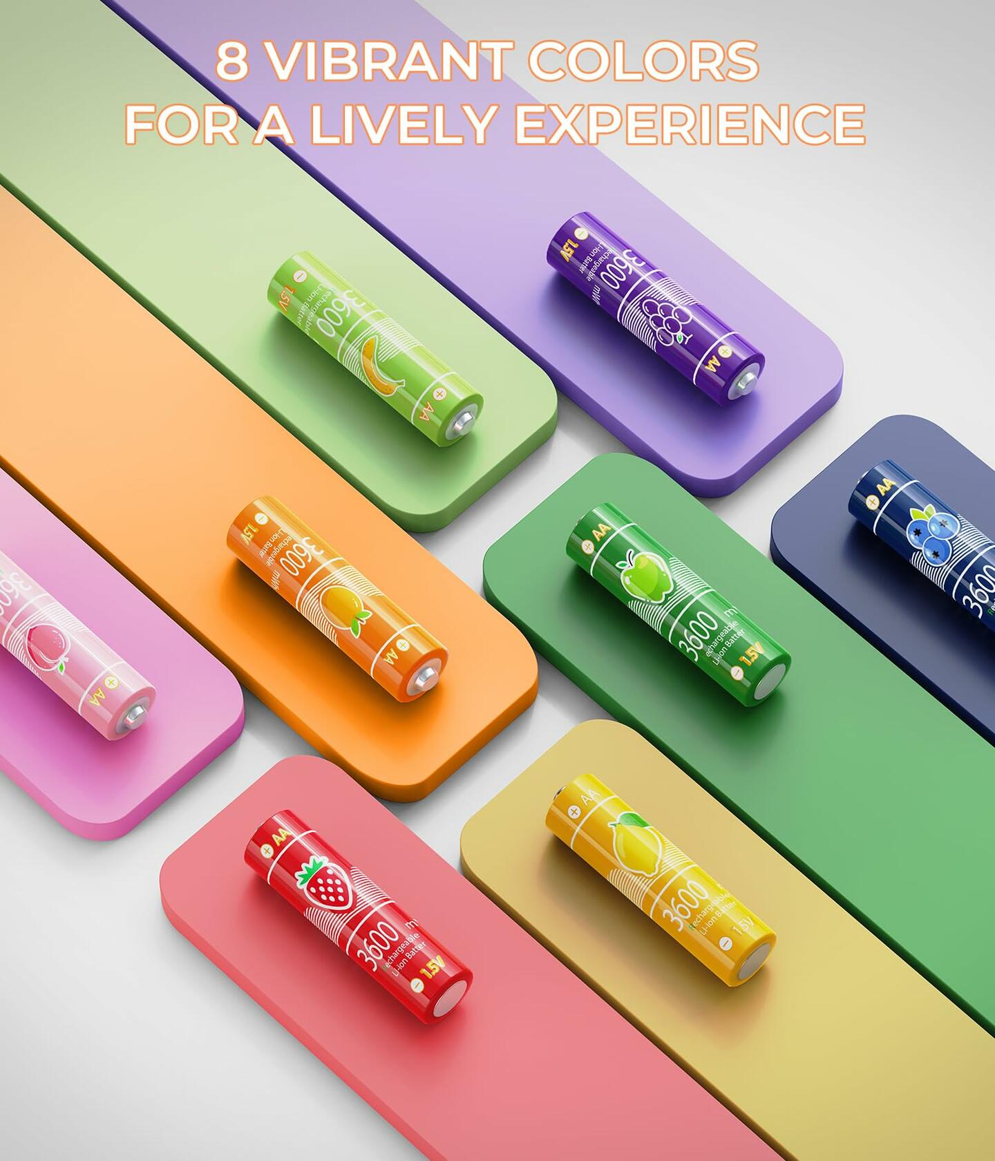 MINISO Rechargeable AA Lithium Batteries 1.5V 3600mWh 8 Pack Vibrant Color