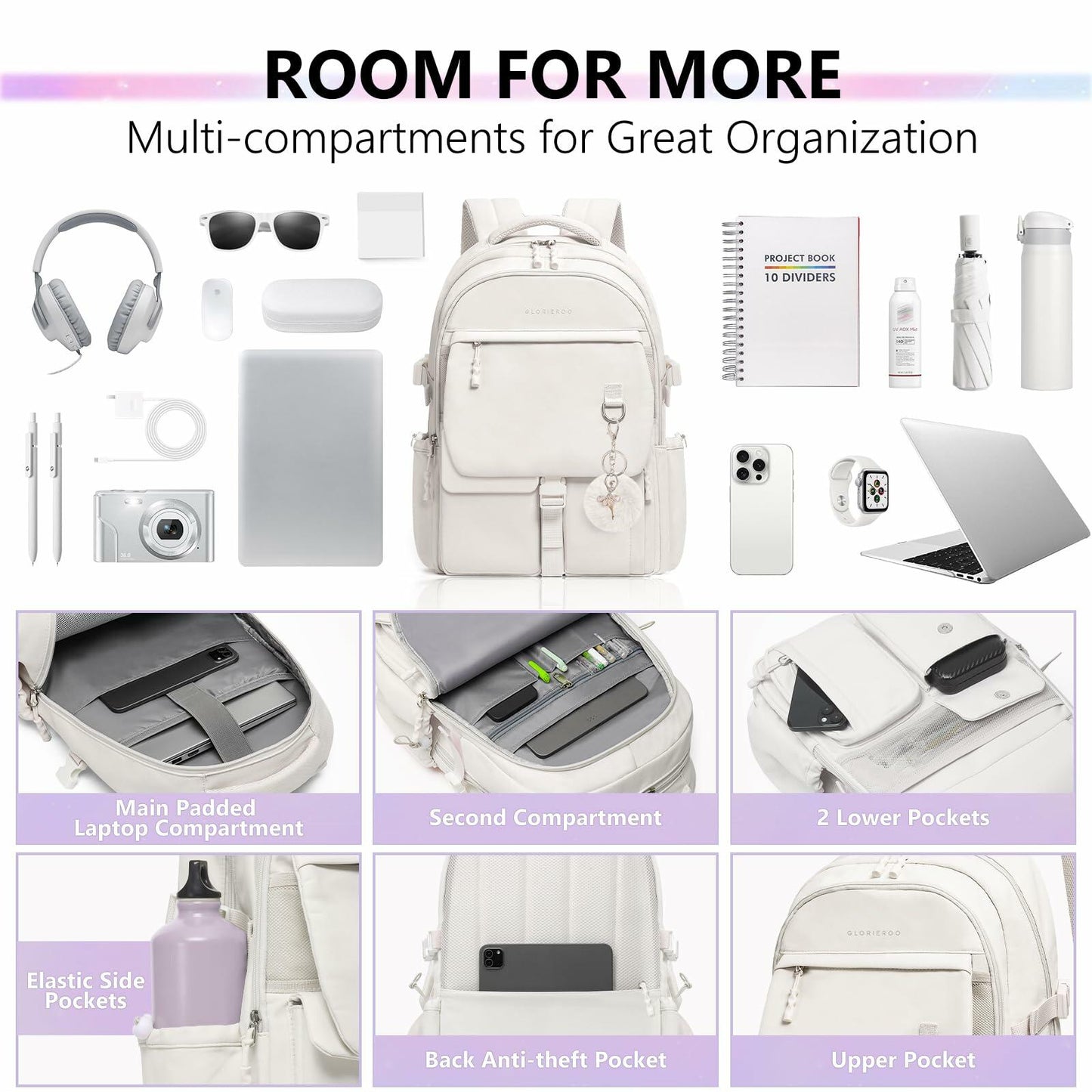 GLORIEROO Kids Backpack Girls 15.6" Laptop Compartment Beige White