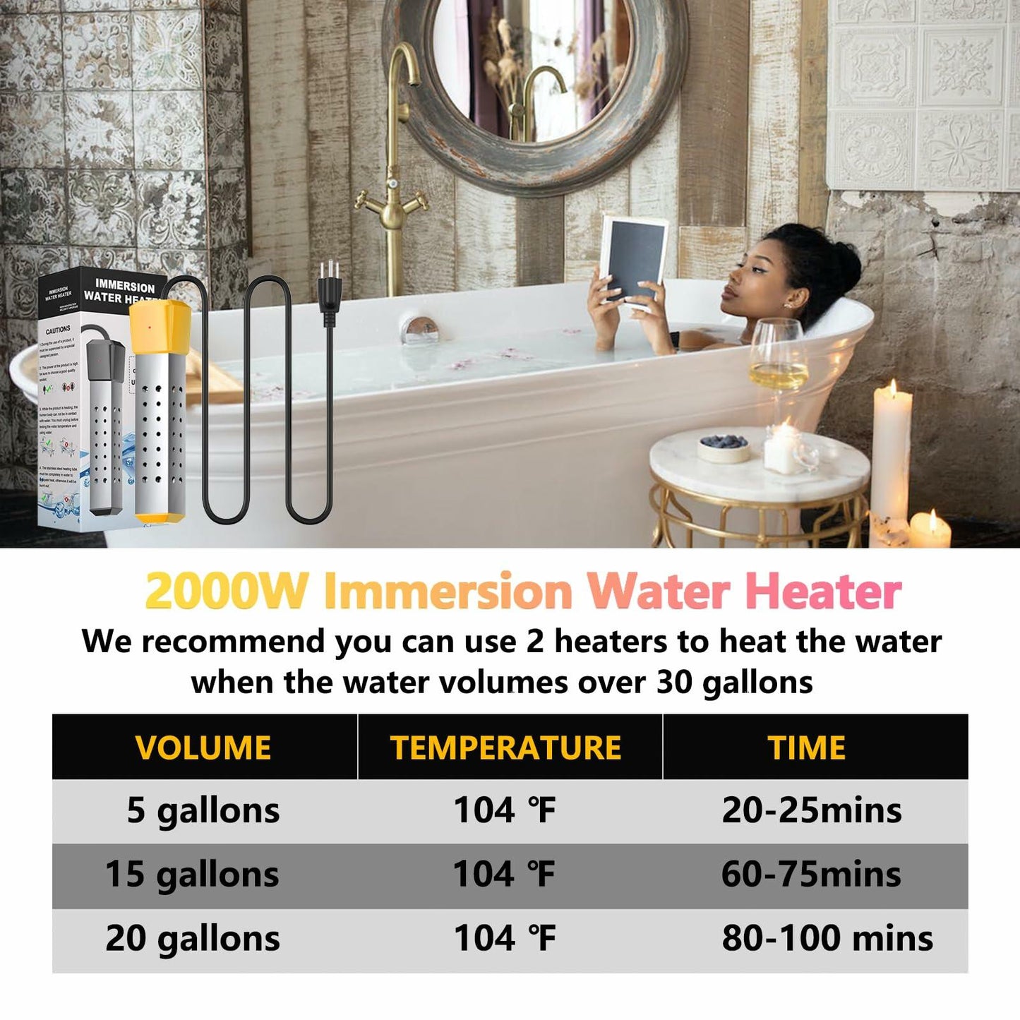 LIANG DREAM 2000W Immersion Water Heater Portable Yellow Stainless Steel