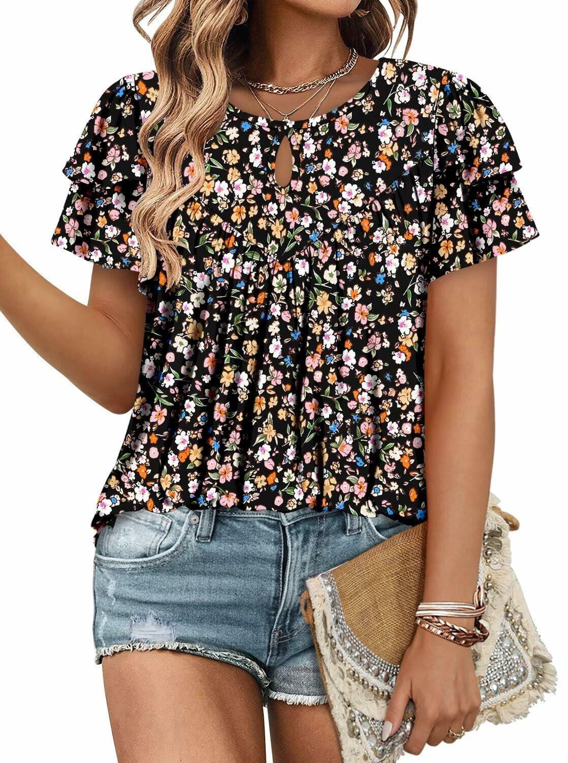 Angerella Ladies Black Floral Bohemian Crew Neck Tee Shirt XL