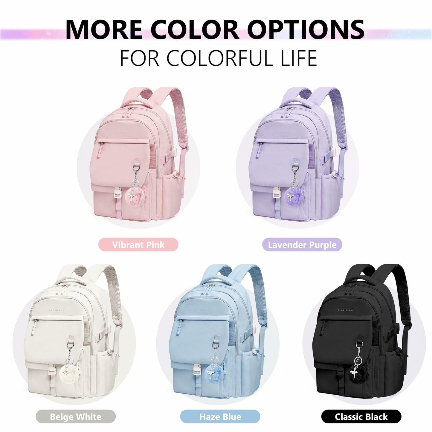 GLORIEROO Kids Backpack Girls 15.6" Laptop Compartment Beige White