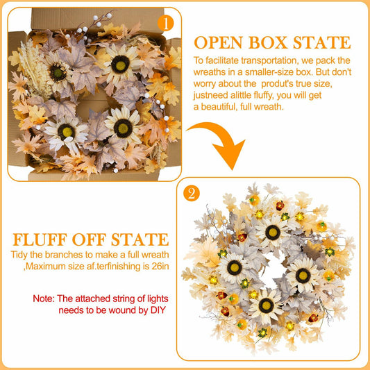 Chiyinbao 26" Realistic Fall Wreath with Lights Sunflower Leaves Yellow 26IN