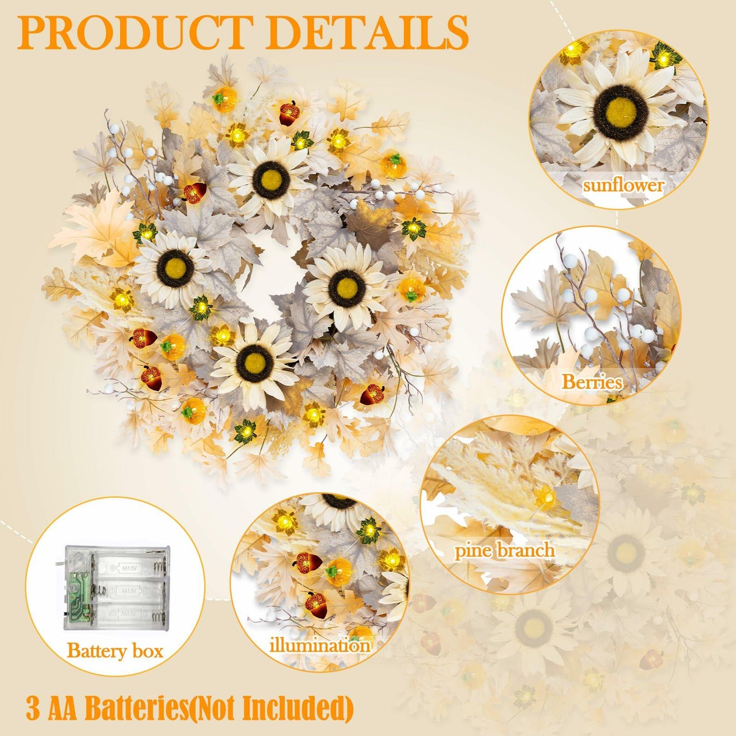 Chiyinbao 26" Realistic Fall Wreath with Lights Sunflower Leaves Yellow 26IN