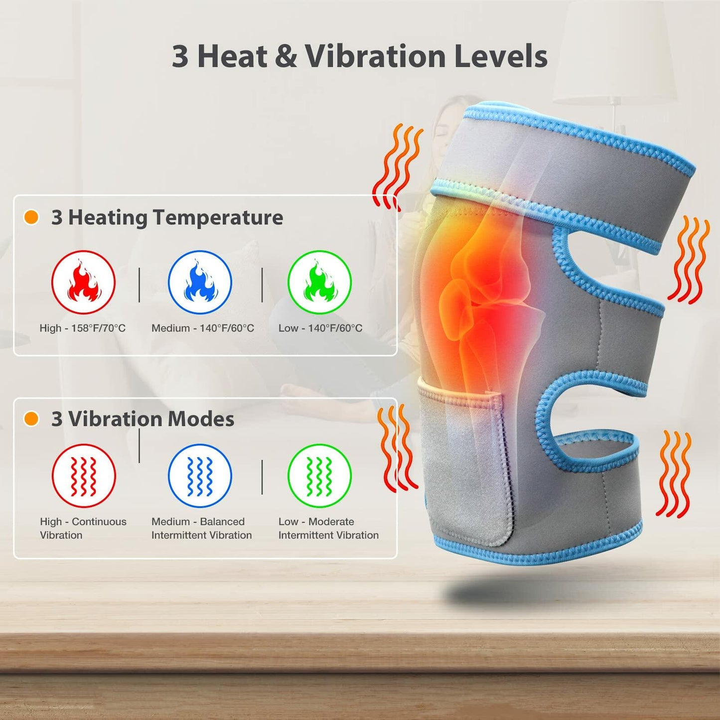 Feiorn Heated Knee Brace Wrap Adjustable Heat Vibration Massager Gray Size One