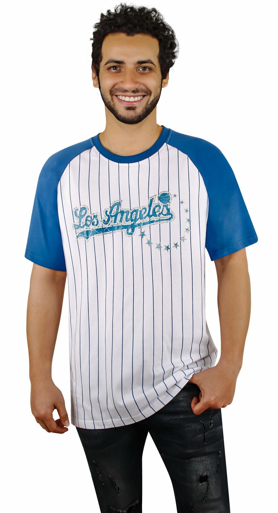 Fansamer Mens City Vintage Pinstripe Crew Neck Tee Shirt Blue White Size XL