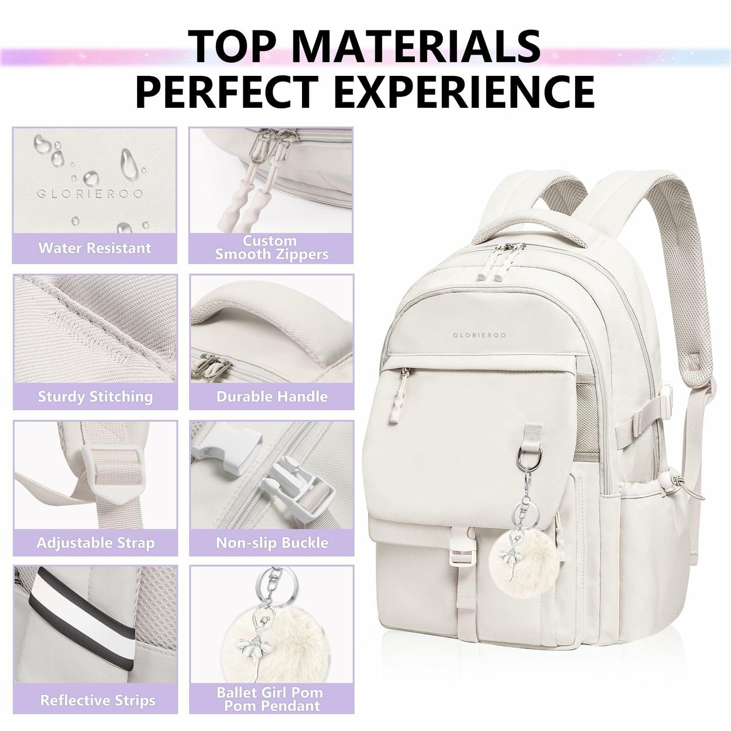 GLORIEROO Kids Backpack Girls 15.6" Laptop Compartment Beige White