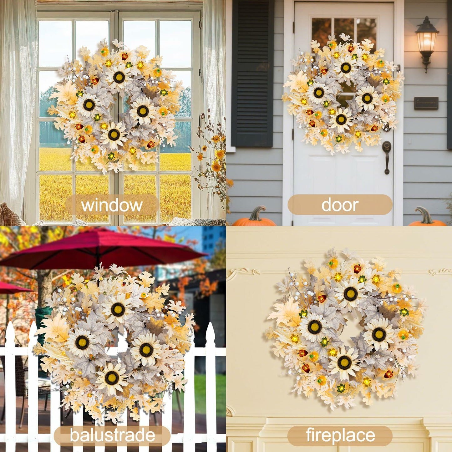 Chiyinbao 26" Realistic Fall Wreath with Lights Sunflower Leaves Yellow 26IN