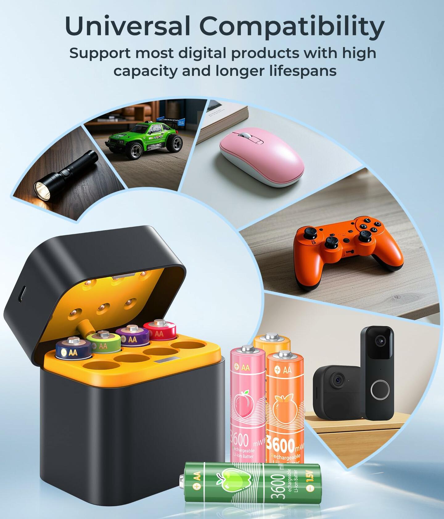 MINISO Rechargeable AA Lithium Batteries 1.5V 3600mWh 8 Pack Vibrant Color