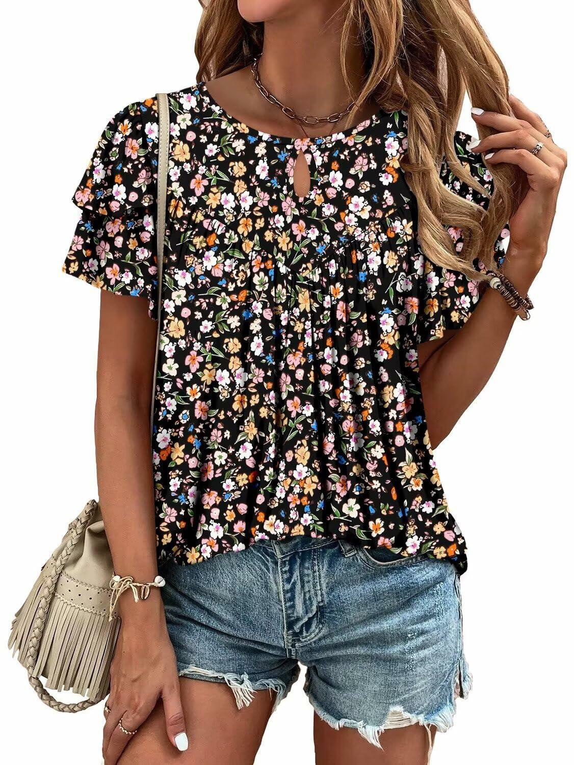 Angerella Ladies Black Floral Bohemian Crew Neck Tee Shirt XL