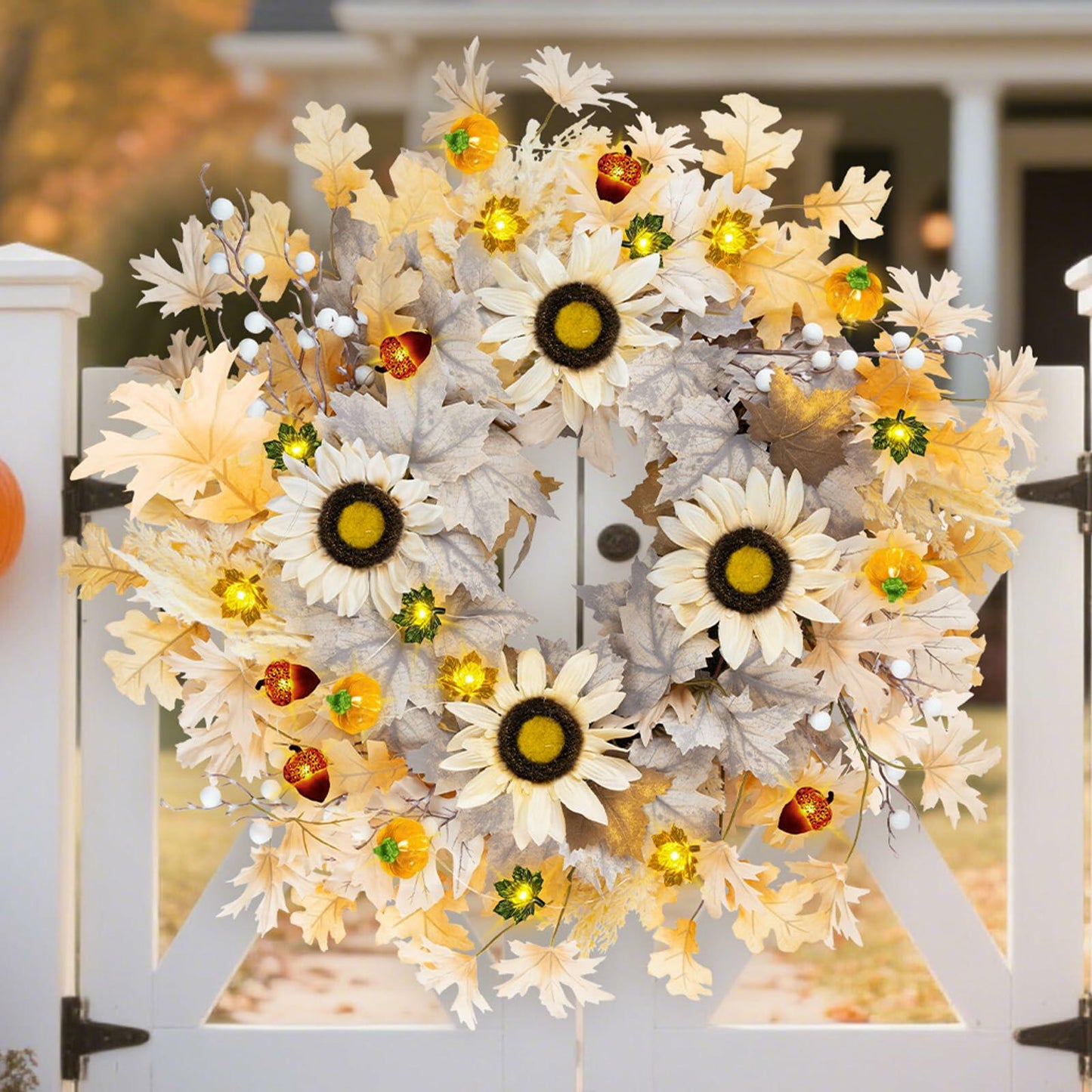 Chiyinbao 26" Realistic Fall Wreath with Lights Sunflower Leaves Yellow 26IN