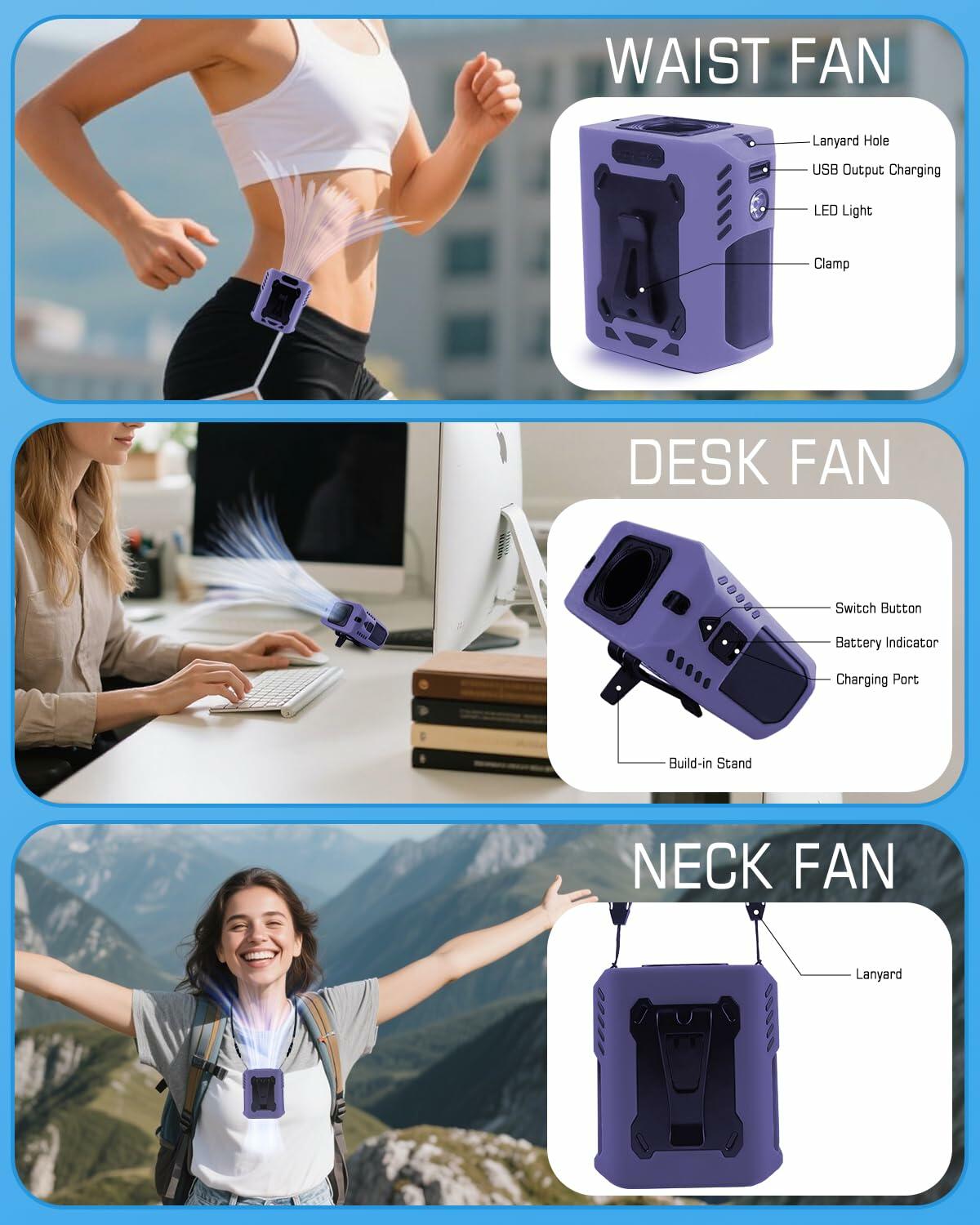 Quiwun Portable Waist Fan Clip On 8000mAh 5 Speeds Flashlight Orange