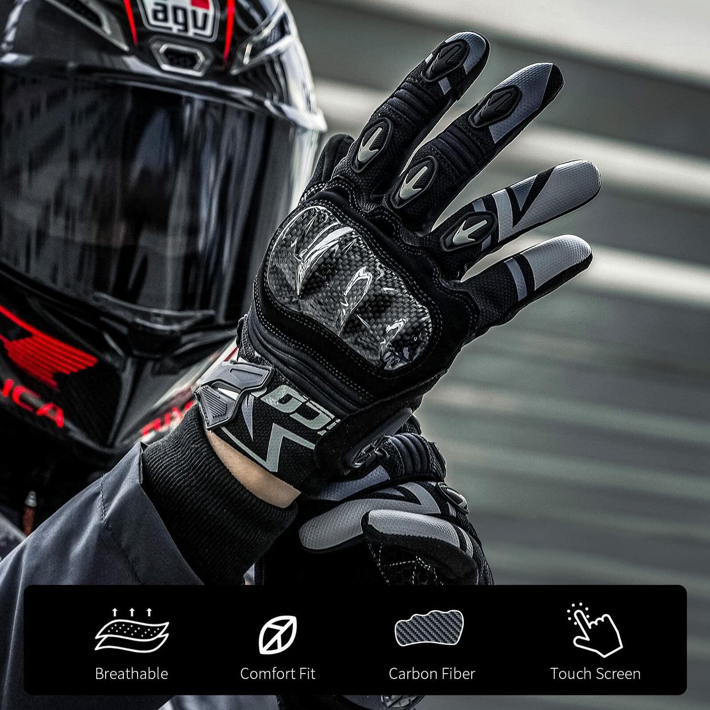 Scoyco Motorcycle Gloves Carbon Knuckle Touchscreen Black Size XL