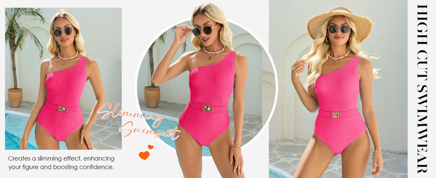 Fisoew Womens One Shoulder One Piece Swimsuit Tummy Control Bright Pink Size XS