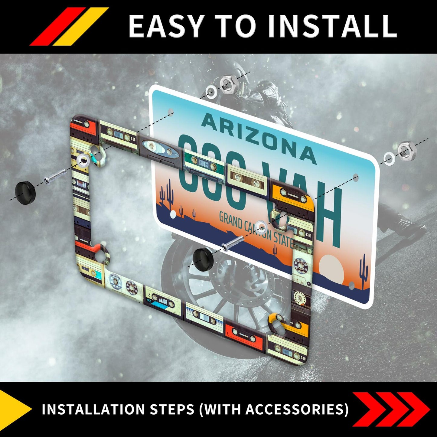 Motorcycle Cassette Tape License Plate Frame Stainless Steel 7x4 Inch