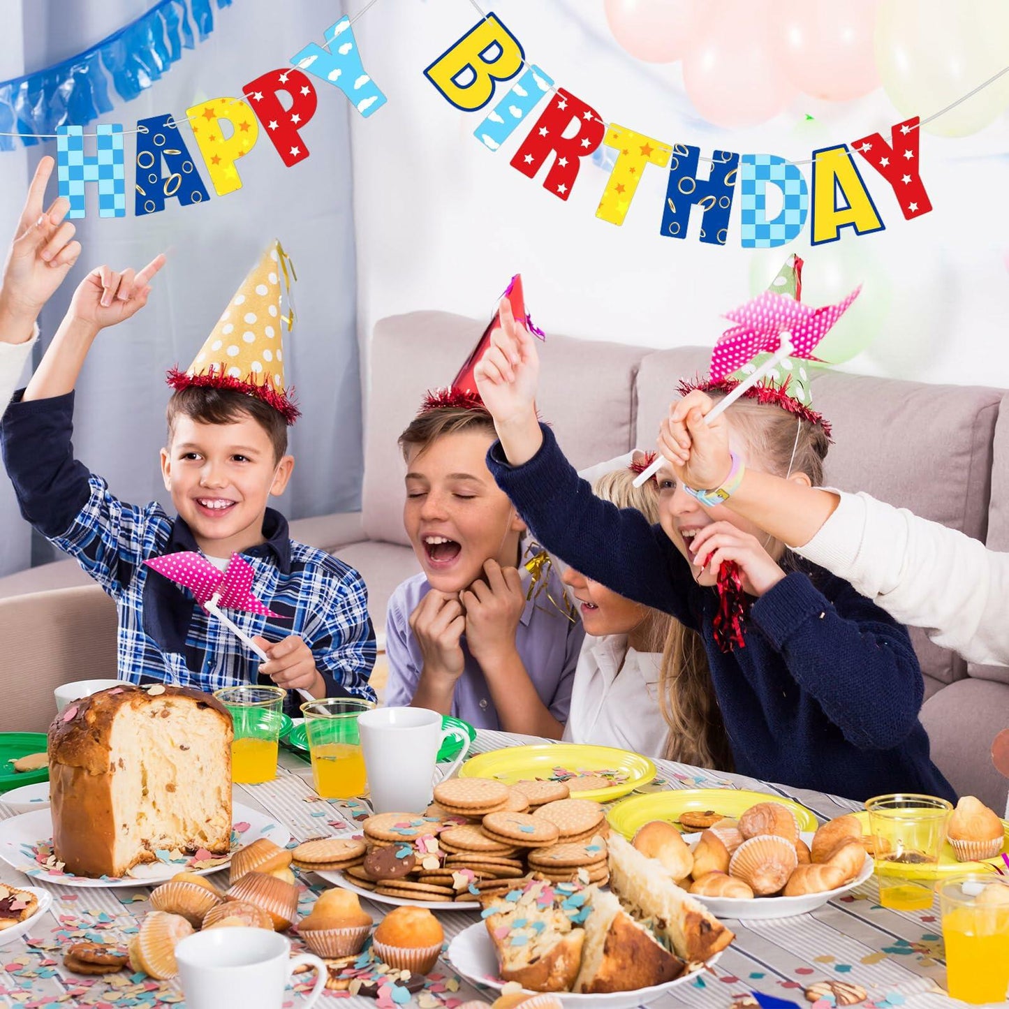 VitalCozy Birthday Banner Red Blue Golden Rings Cartoon Theme Colorful