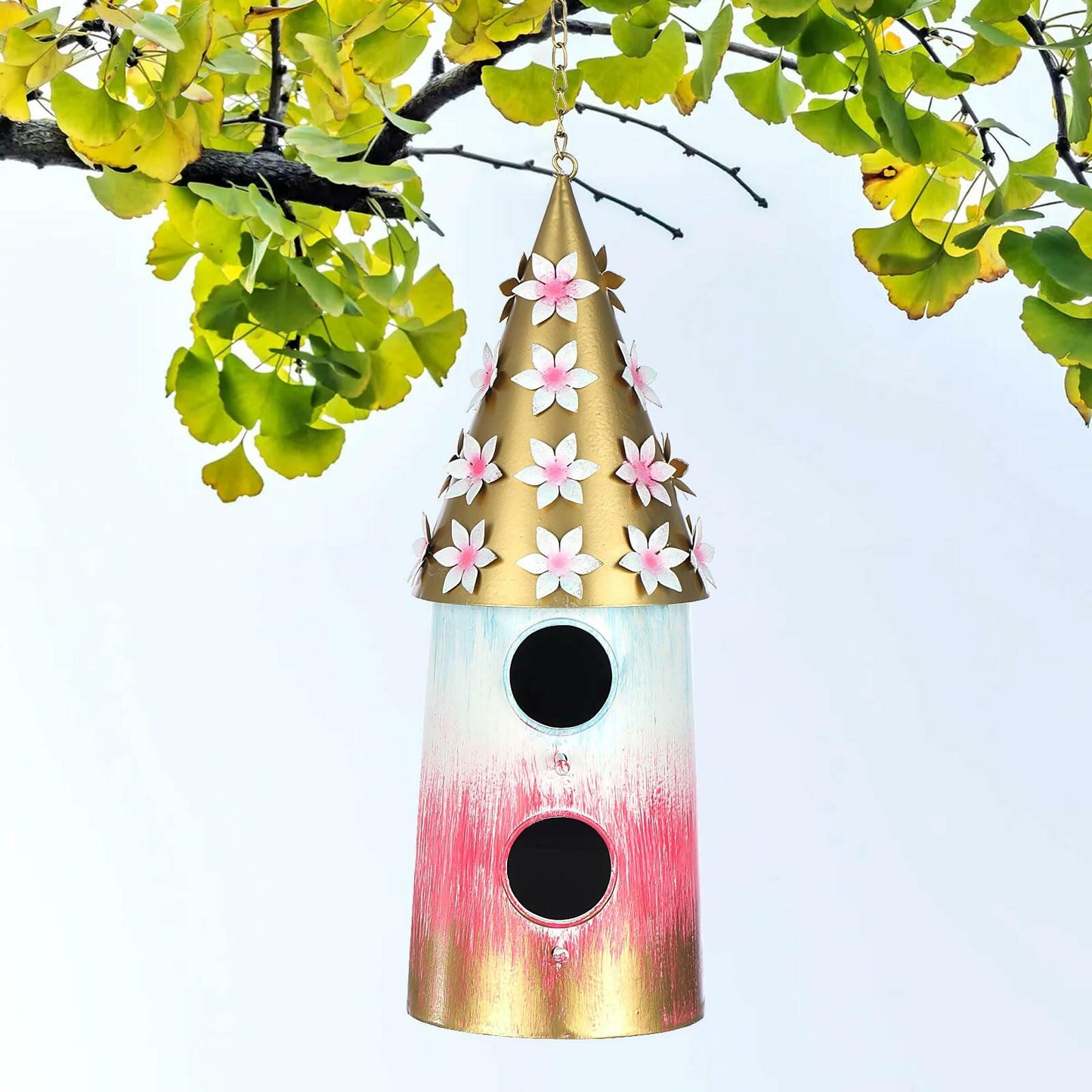 BAYN 2-Story Double Hole Golden Metal Hanging Bird House Outdoor
