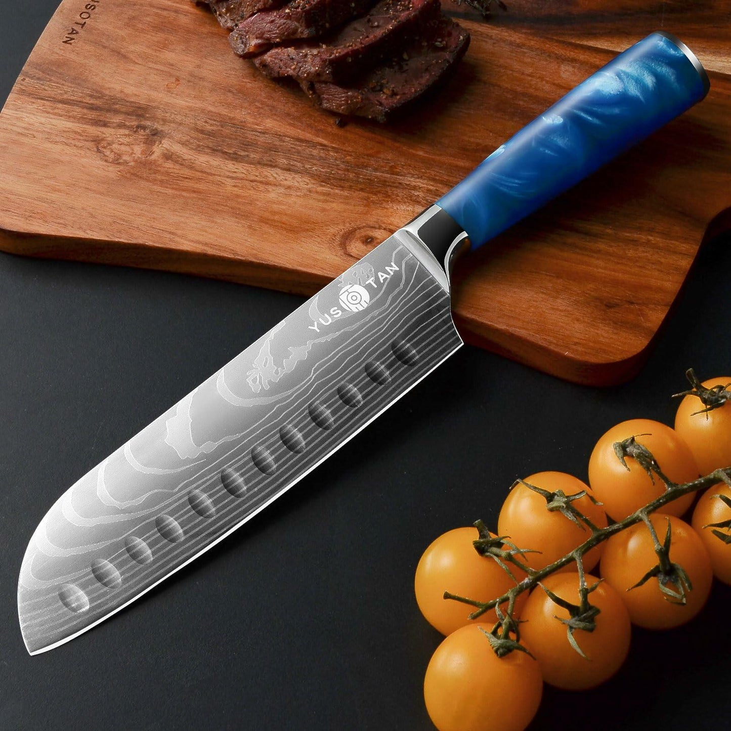 YUSOTAN 7" Japanese Santoku Knife Blue High Carbon Stainless Steel Blade