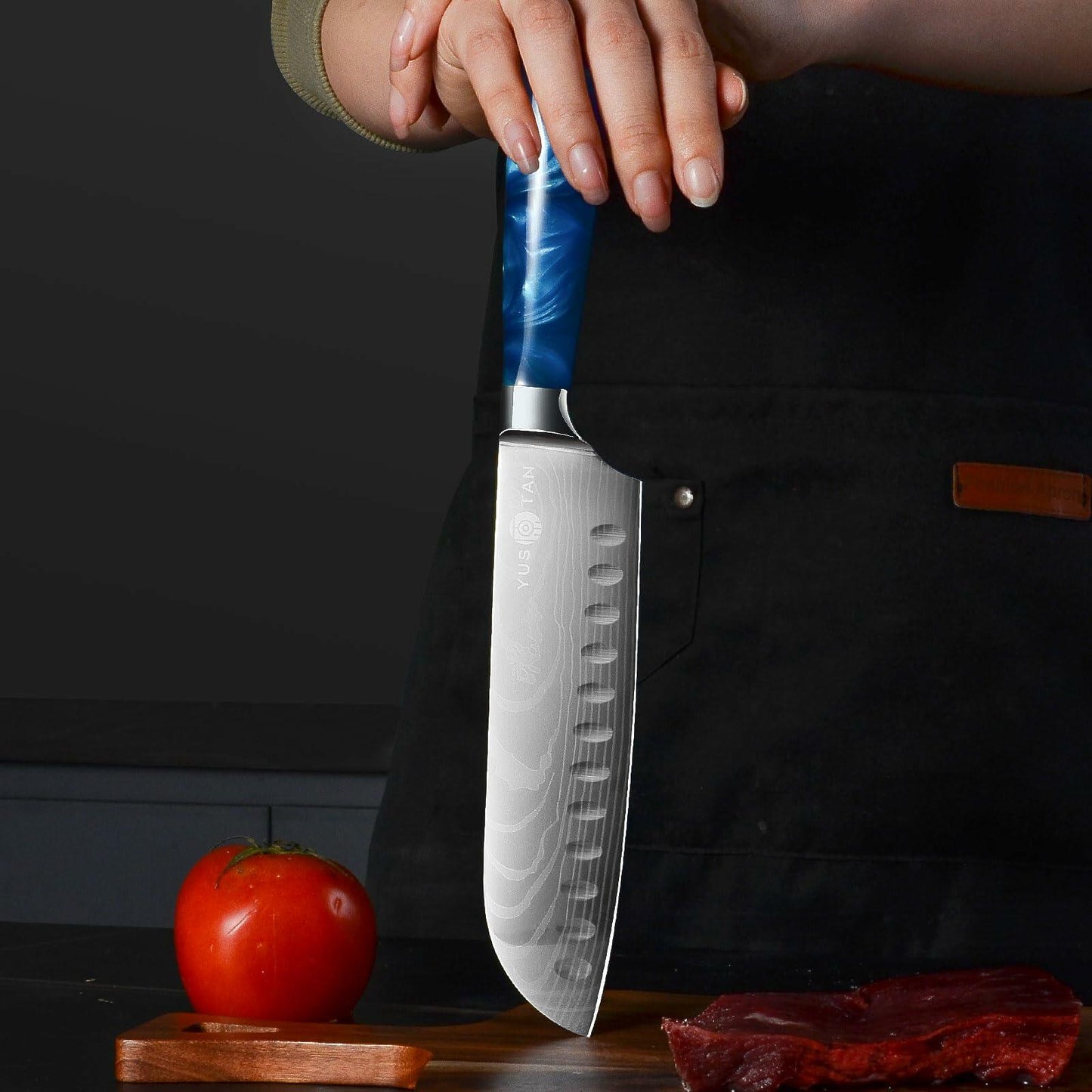 YUSOTAN 7" Japanese Santoku Knife Blue High Carbon Stainless Steel Blade