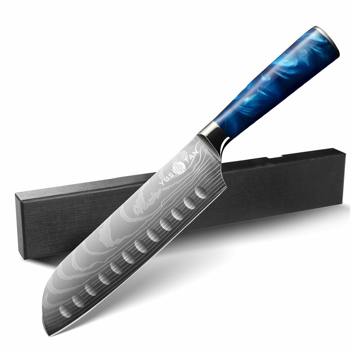 YUSOTAN 7" Japanese Santoku Knife Blue High Carbon Stainless Steel Blade
