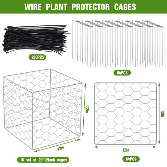 MorningRo 16 Set Wire Plant Protectors 12x12 Square Cages with Stakes & Ties