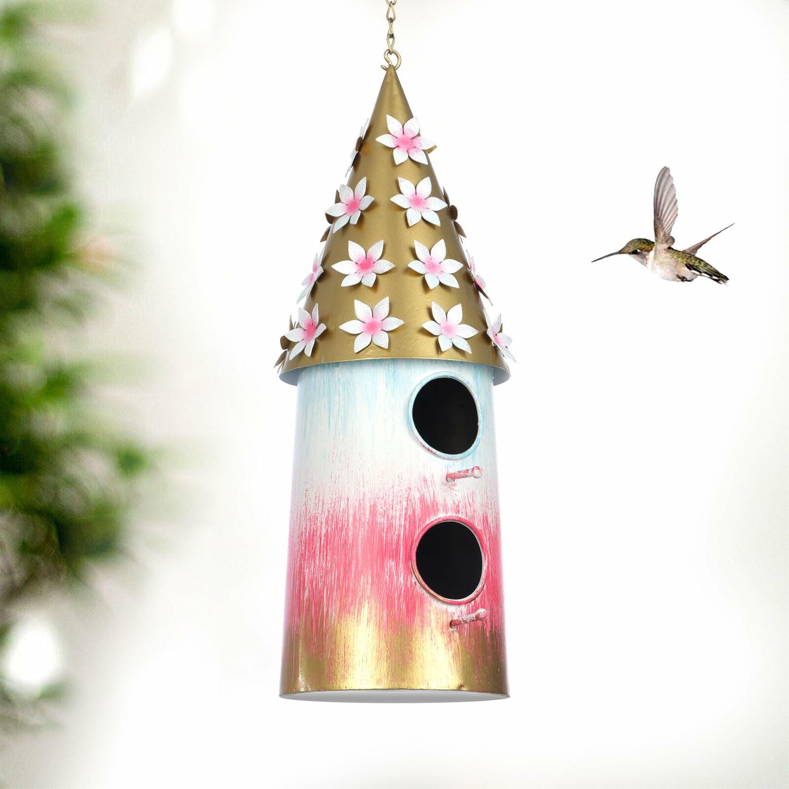 BAYN 2-Story Double Hole Golden Metal Hanging Bird House Outdoor
