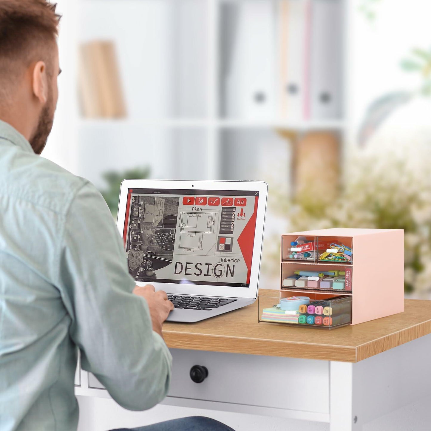 LETURE Desk Organizer 4 Drawers Clear Plastic Office Storage Pink